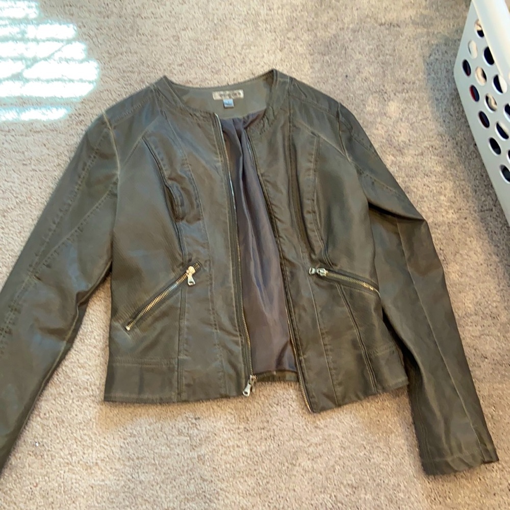 Gray leather jacket with snakeskin detail on front and sides